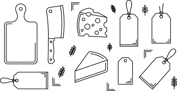 Gourmet cheese and deli pricing outline icon set featuring wooden cutting board meat cleaver knife holes wedge and blank label tags