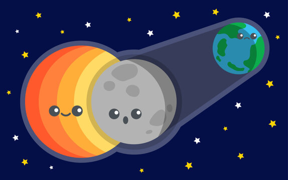 Cute solar eclipse diagram showing sun moon casting shadow to earth illustration