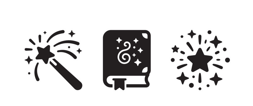 Set of three black featuring a magic wand with sparkles, a spell book with stars, and a burst of fireworks isolated on a white background, for magic