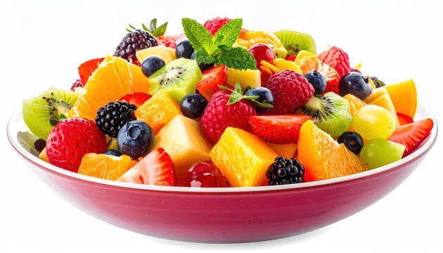 Colorful fruit salad with seasonal fruits isolated on white background