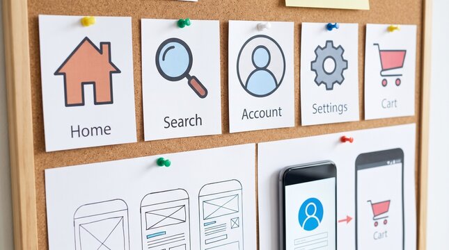 UI and UX website design concept with wireframe sketches and app icons pinned on a corkboard
