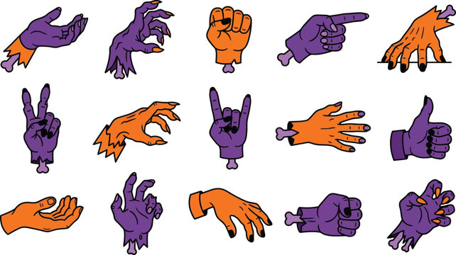 Collection of colorful cartoon zombie hand stickers showing various gestures and poses on a white background