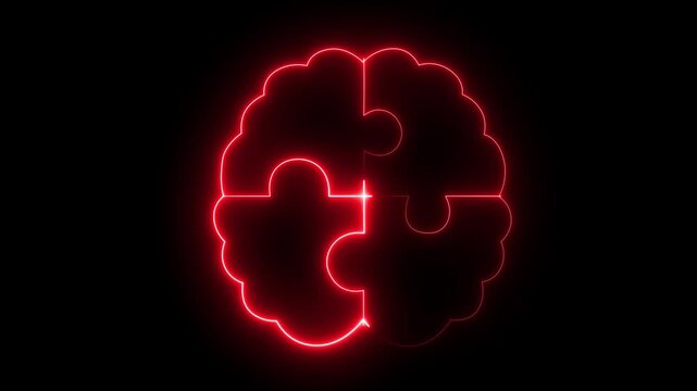 Glowing neon brain puzzle icon isolated representing problem solving and cognitive function. Brain with Puzzle Pieces Icon for Cognitive Thinking, Mind Development, Intelligence..