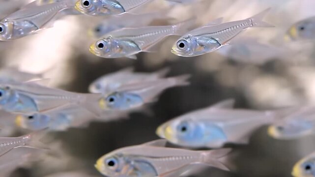 A graceful school of delicate transparent fish glides through the crystal clear water of an aquarium. Their shimmering forms, with hints of blue, create a mesmerizing living current.