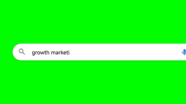 Search bar appears on a vibrant green screen with the text growth marketing typed into the input field to represent digital marketing strategies and online business growth techniques for global.