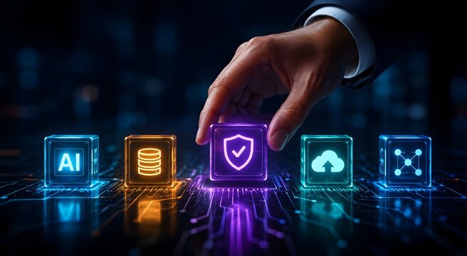Hand choosing a glowing purple cube with security checkmark shield among artificial intelligence and cloud computing icons for enterprise network safety and data protection architectures