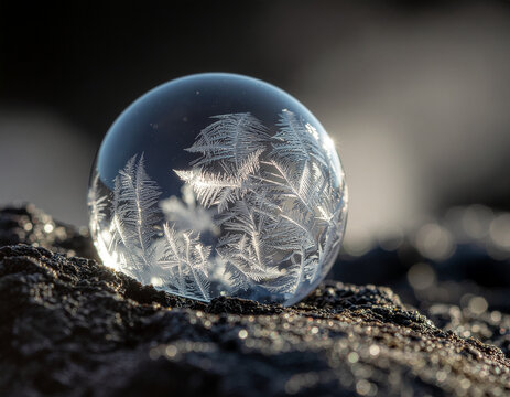 macro of a frozen soap bubble filled with delicate ice crystals resting on black volcanic basalt surface 