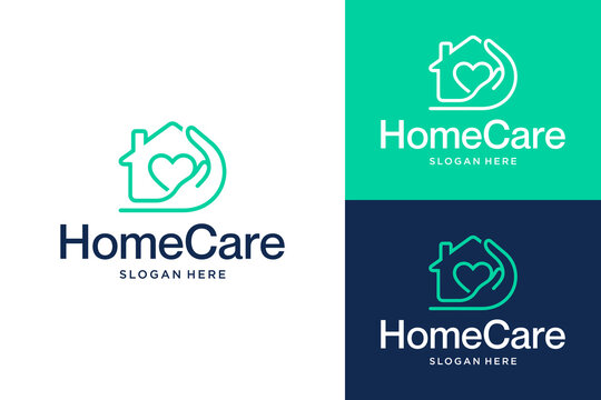 Modern Home Care Logo Design, Family Welfare and Nursing Care Concept, House Shape with Heart and Protective Hand Icon, Vector.
