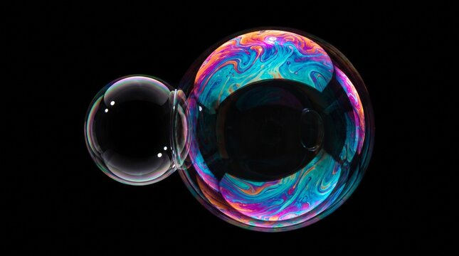 Macro shot of two connected large soap bubbles with swirls of color hue.