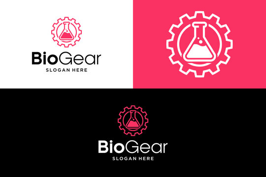 BioGear Logo Design, Science and Laboratory Equipment Concept, Flask with Gear Icon, Technology and Biotechnology Vector Graphic.
