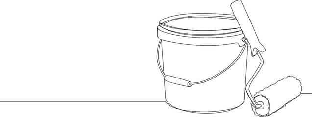 Obraz premium continuous line drawing of a paint bucket and roller brush, home renovation and DIY concept, line art vector illustration