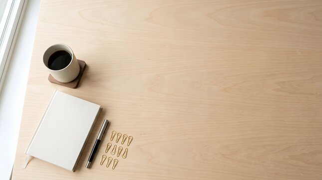 Minimalist wooden desk workspace with notebook and coffee, clean office tabletop with copy space, professional stationery and paper clips isolated on White Background Back to school