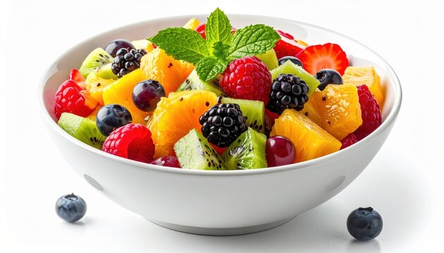 White ceramic bowl filled with colorful fresh fruit salad, isolated on white