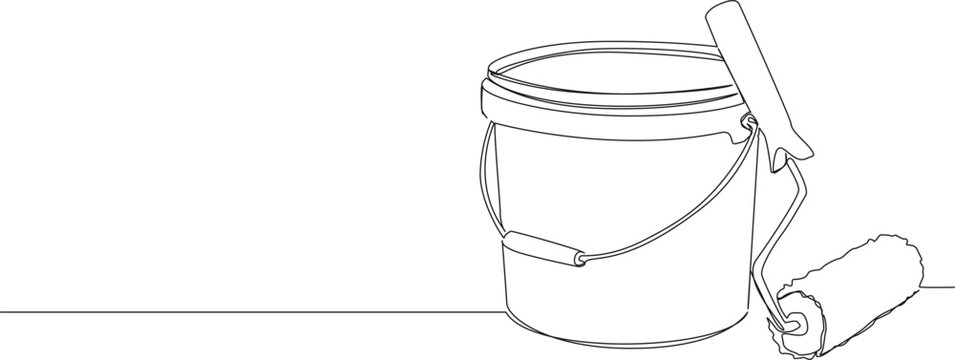 continuous line drawing of a paint bucket and roller brush, home renovation and DIY concept, line art vector illustration