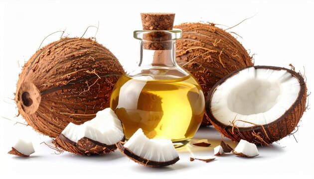 Premium coconut oil with coconut pieces, isolated on white background