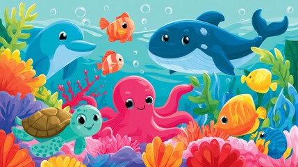 Obraz premium Colorful Cartoon Ocean Scene with Friendly Marine Animals Peeking Through Vibrant Coral Reefs