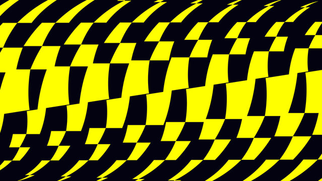 Aggressive yellow and black distorted checkerboard optical illusion pattern for extreme sports
