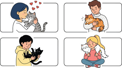 People with cats vector cartoon set featuring line art frames with owners hugging petting holding fluffy domestic feline pets