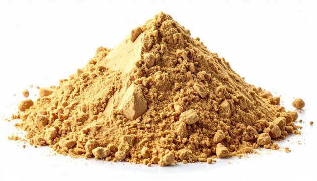 Heap of organic maca powder isolated on white background, superfood ingredient