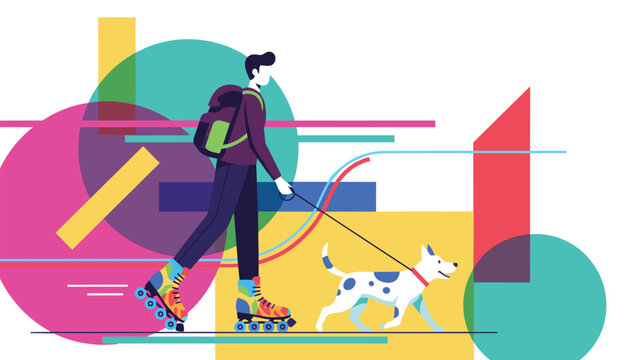 Stylish vector illustration of a person roller skating while walking a spotted dog against a vibrant geometric background.