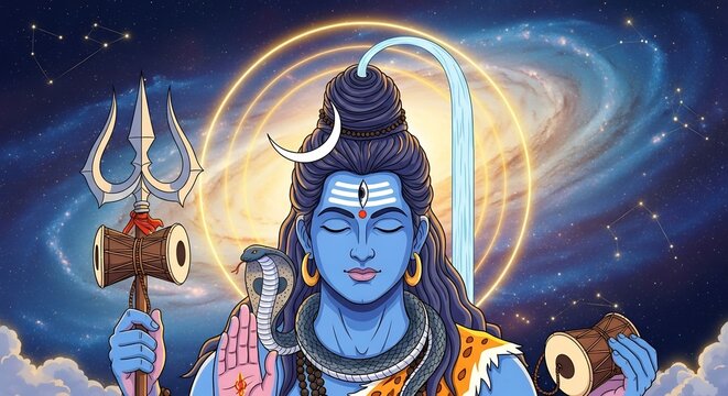 Lord Shiva with trishula and damru against a cosmic galaxy background.