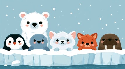 Fototapeta premium Cute Cartoon Arctic Animals Peeking from Behind the Snowy Iceberg in a Playful Winter Scene