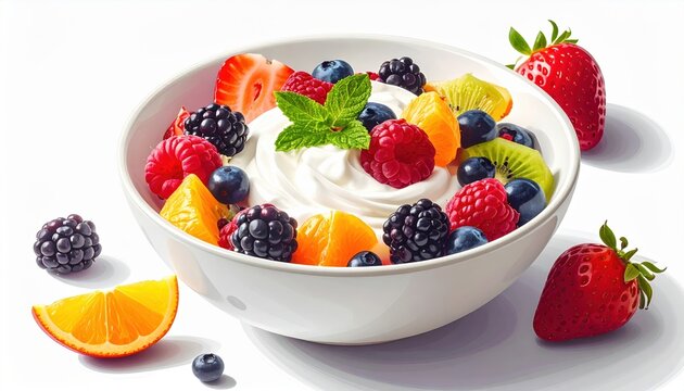 Bowl of fruit salad with Greek yogurt isolated on white background, healthy breakfast