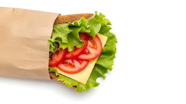 Fresh vegetarian sandwich with tomato cheese and lettuce in a brown paper bag for a quick healthy meal