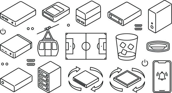 Isometric external hard drive football field cable car smartphone icon set vector illustration outline line art isolated white