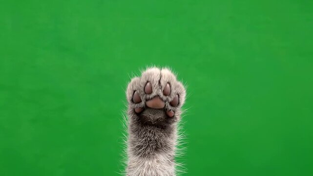 Fluffy cat paw rising on green screen. Cute kitten foot gesture isolated on chroma key.