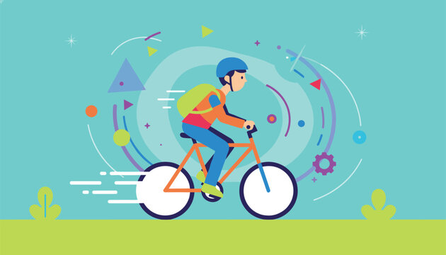 Active boy with backpack riding bicycle fast with colorful abstract swirls and geometric elements around him.