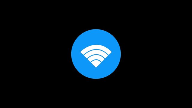 White wifi signal symbol inside blue circle button on black background 4k 25fps