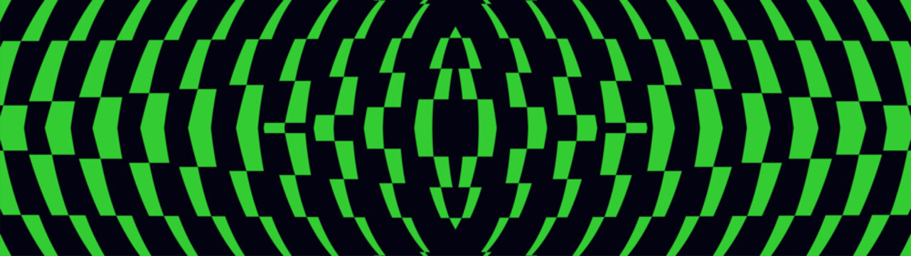 Symmetrical neon green radial optical distortion wave banner for techno dj club party backdrop