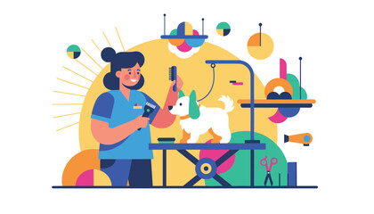 Obraz premium Professional pet groomer clipping and brushing a small white dog in a colorful creative vet clinic studio.