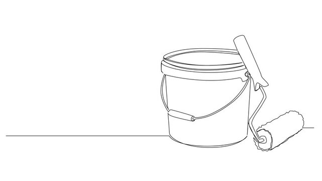 animated continuous line drawing of a paint bucket and roller brush, home renovation and DIY concept, line art animation