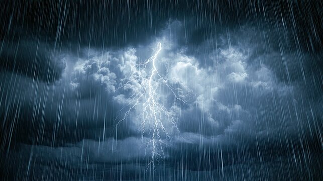 Jagged lightning illuminates dark storm clouds amidst a torrential downpour
