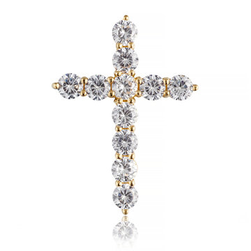 Elegant gold cross pendant decorated with brilliant cubic zirconia gemstones isolated on a white background. High-quality jewelry product photography with clean studio lighting.