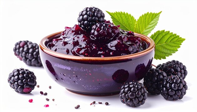 Bowl of homemade blackberry jam isolated on white background
