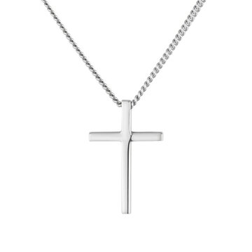 Minimalist silver cross pendant on a delicate chain, isolated on a clean white background. Elegant Christian jewelry symbol with polished surface, suitable for faith, fashion and gift concepts.