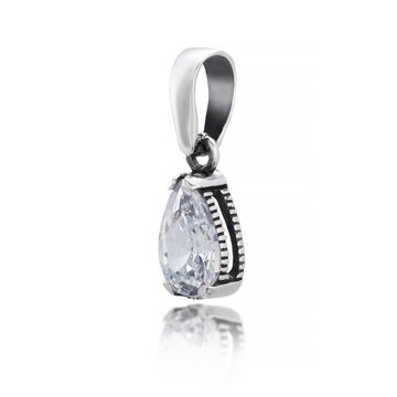 Professional studio photography of a luxurious silver pendant necklace with a large, clear, sparkling faceted crystal. Minimalist jewelry design, elegant gift for special occasions.