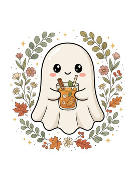 Cute ghost holding autumn drink surrounded by floral wreath
