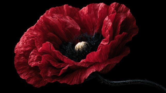 Vibrant red bloom with delicate textured petals against a stark black background