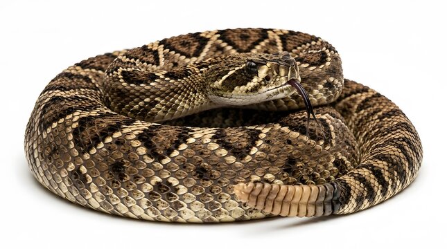 A coiled rattlesnake flicking its tongue on a white background