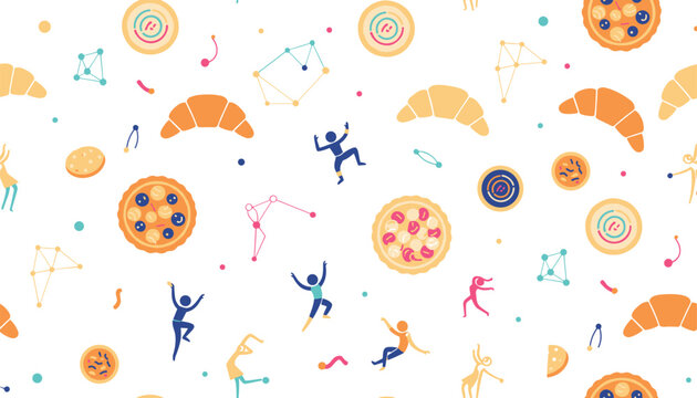 Whimsical seamless background pattern featuring delicious croissants, pizzas, cookies, and tiny colorful dancing human figures.