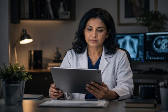 Female physician reviewing patient records on digital tablet in private medical office with diagnostic imaging
