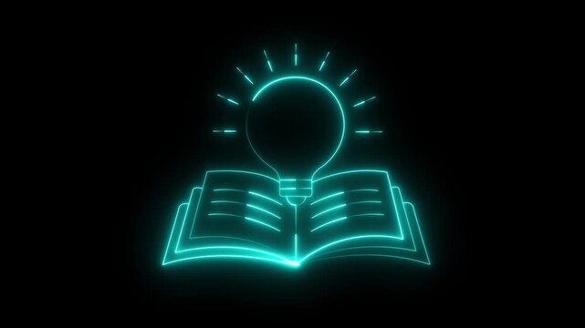 glowing neon knowledge icon Concept ideas inspiration, invention, effective thinking, knowledge Learning, Smart Ideas and Innovation 4K Motion Graphics on Black Background..