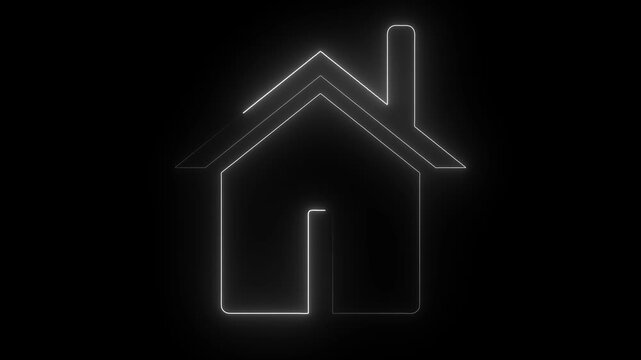 Glowing white neon continuous line house icon with chimney animated on dark black background. Minimal modern architectural vector style home illustration symbol for real estate,