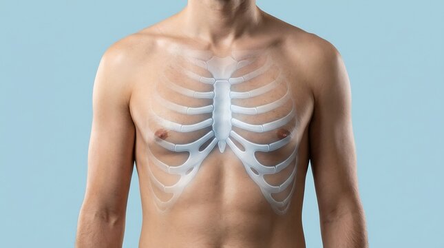 Torso showing a detailed digital overlay of the human rib cage provides a comprehensive view of thoracic skeletal anatomy.