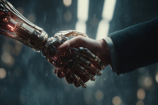 Human-ai collaboration: the vision for future innovation. Ai being. Elegant handshake between human and ai, symbolizing future unity. Cybernetic mind. Machine intelligence.