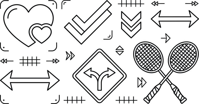 Miscellaneous line icon set featuring hearts checkmarks badminton rackets directional signs double arrows and geometric design framing accents